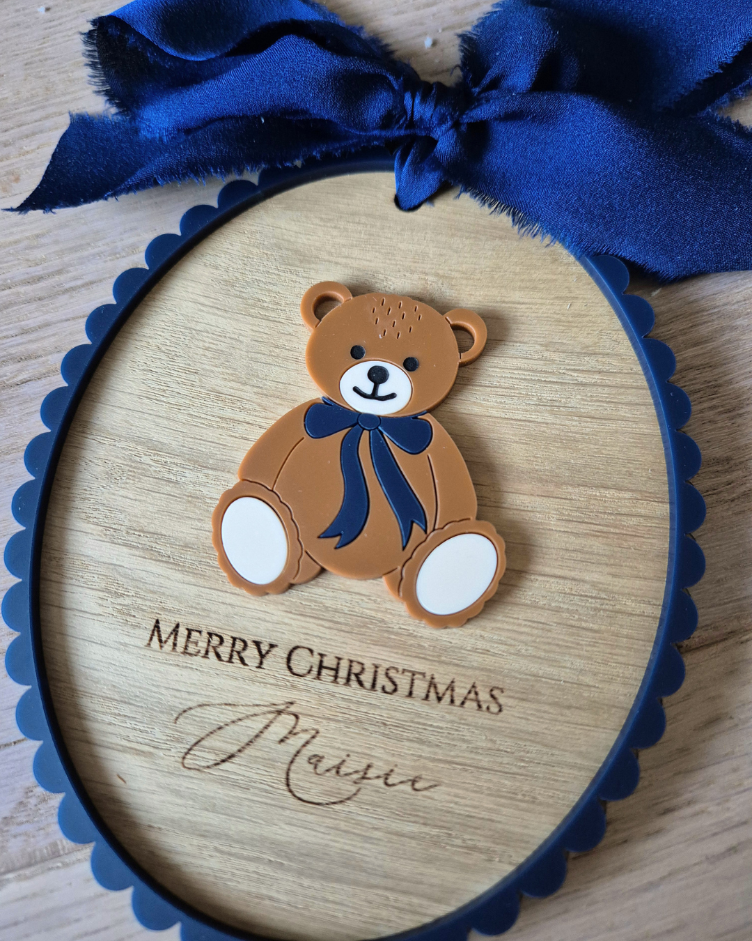 Personalised Baby’s First Christmas Vintage Teddy Bear Plaque - Acrylic and Oak Christmas Ornament