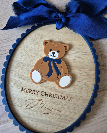 Personalised Baby’s First Christmas Vintage Teddy Bear Plaque - Acrylic and Oak Christmas Ornament