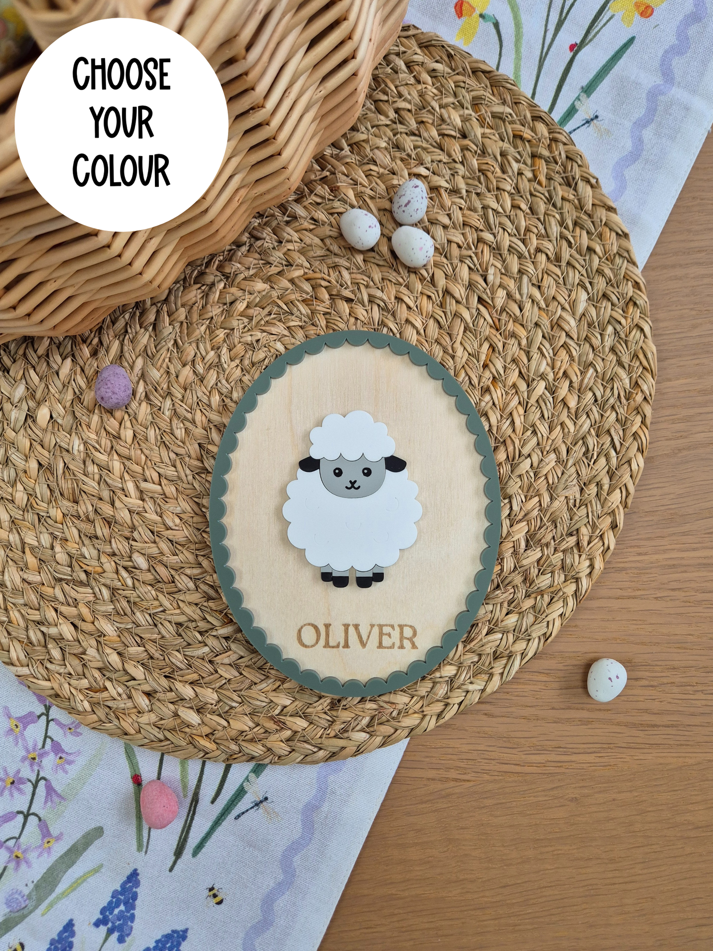 Spring Sheep Name Sign - Oval Farm-themed Wooden and Acrylic Wall Décor