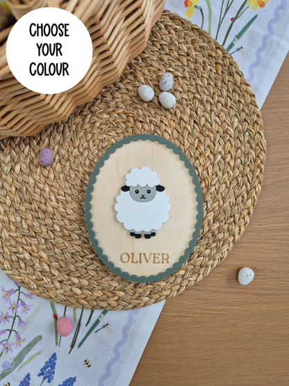 Spring Sheep Name Sign - Oval Farm-themed Wooden and Acrylic Wall Décor
