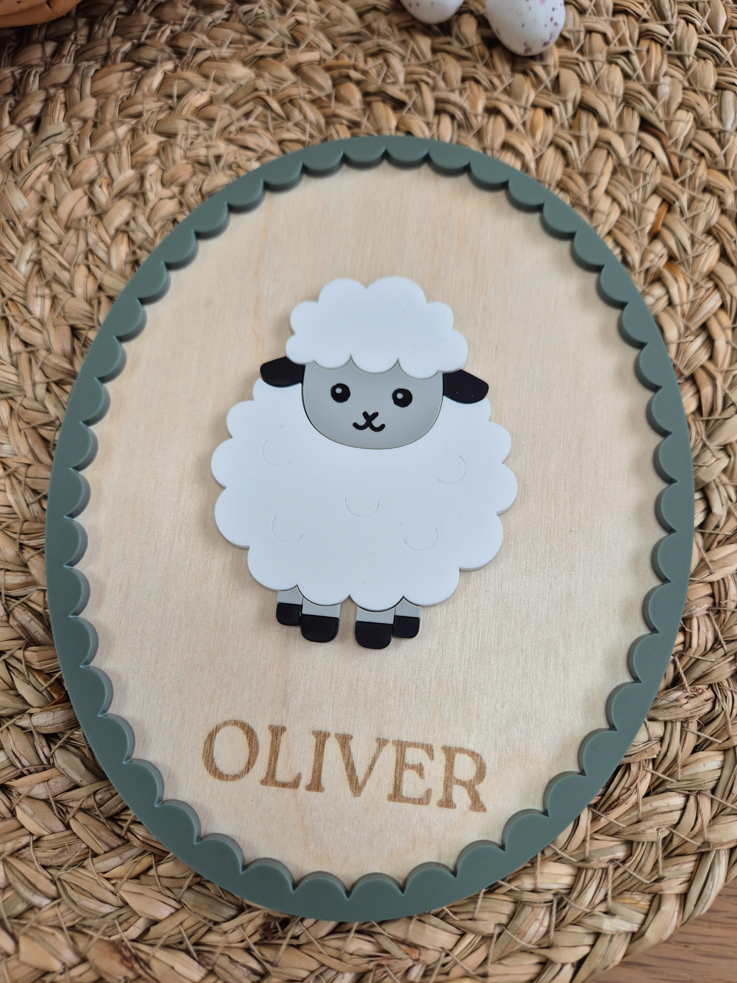 Spring Sheep Name Sign - Oval Farm-themed Wooden and Acrylic Wall Décor