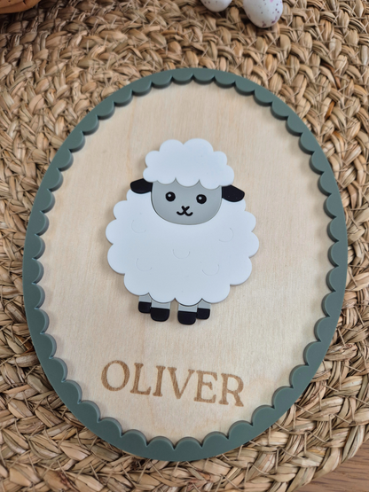 Spring Sheep Name Sign - Oval Farm-themed Wooden and Acrylic Wall Décor