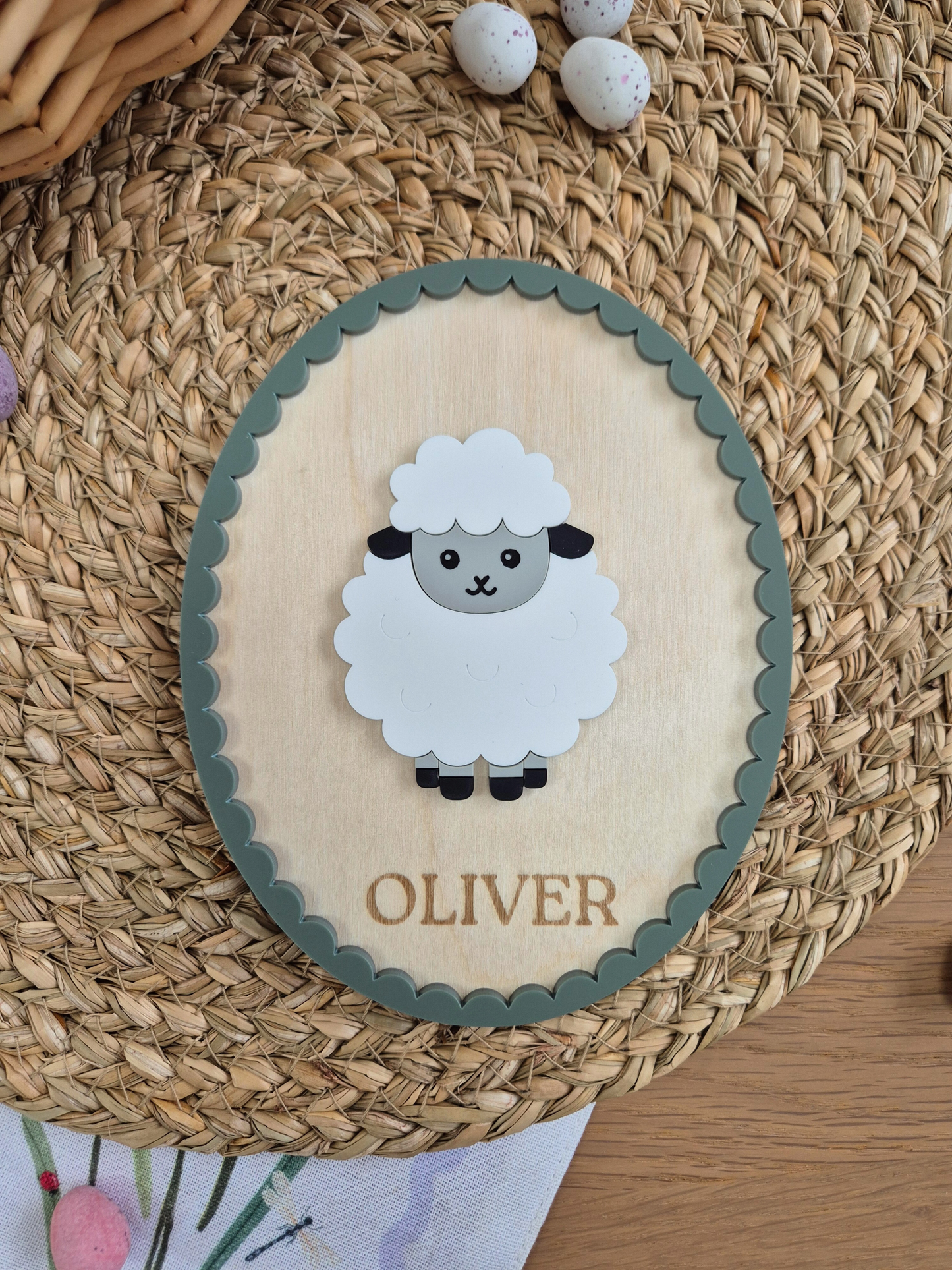 Spring Sheep Name Sign - Oval Farm-themed Wooden and Acrylic Wall Décor
