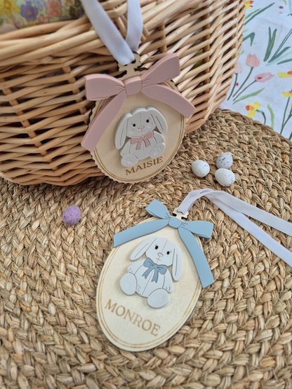 Vintage Bunny with Bow Easter Basket Name Tag - Personalised Wooden and Acrylic Keepsake
