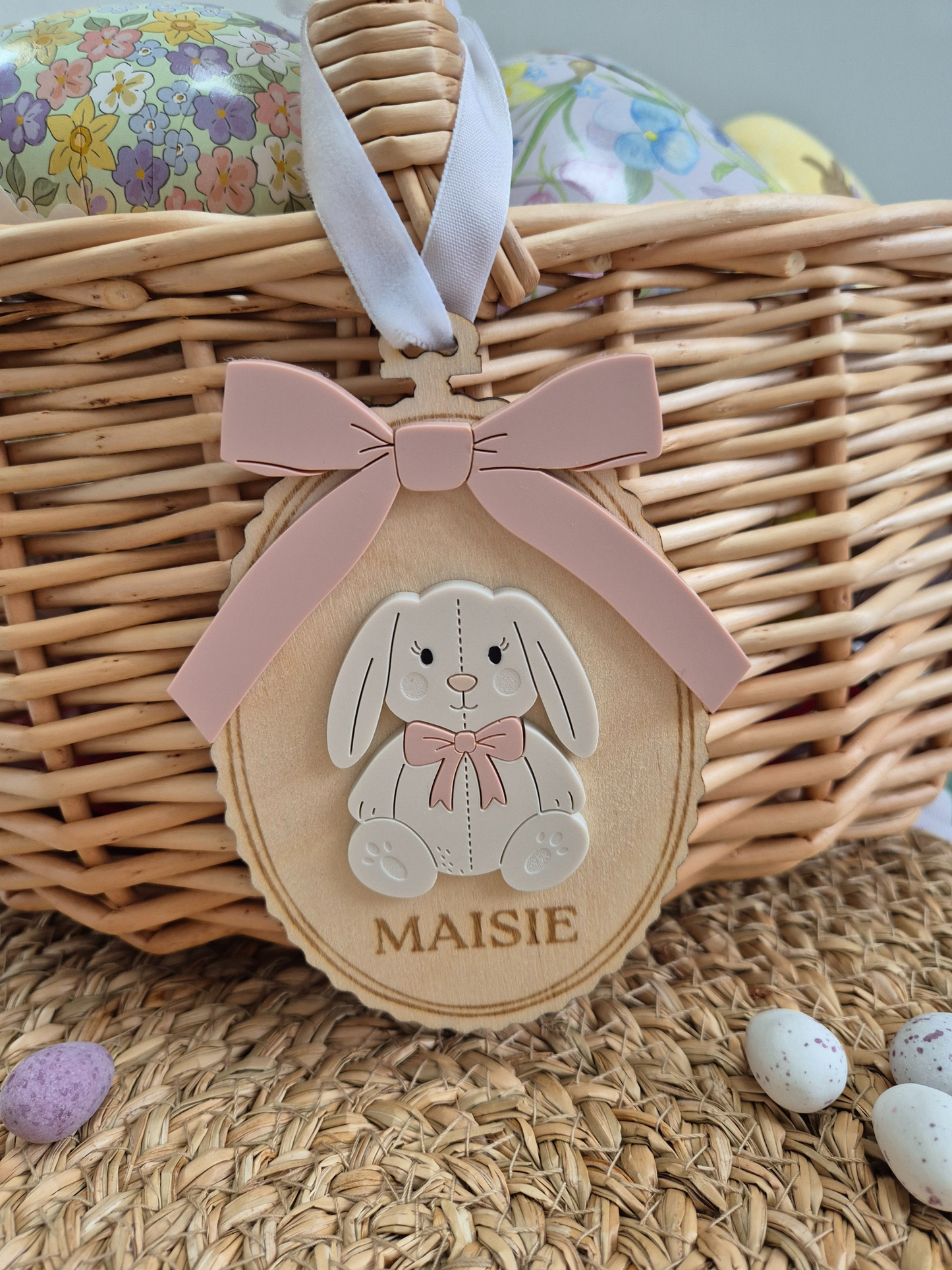 Vintage Bunny with Bow Easter Basket Name Tag - Personalised Wooden and Acrylic Keepsake