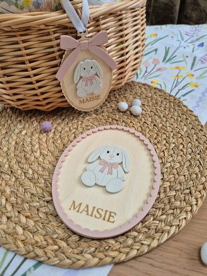 Vintage Bunny with Bow Easter Basket Name Tag - Personalised Wooden and Acrylic Keepsake