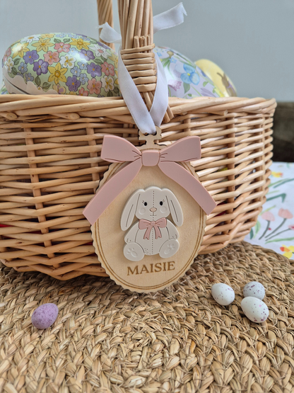 Vintage Bunny with Bow Easter Basket Name Tag - Personalised Wooden and Acrylic Keepsake