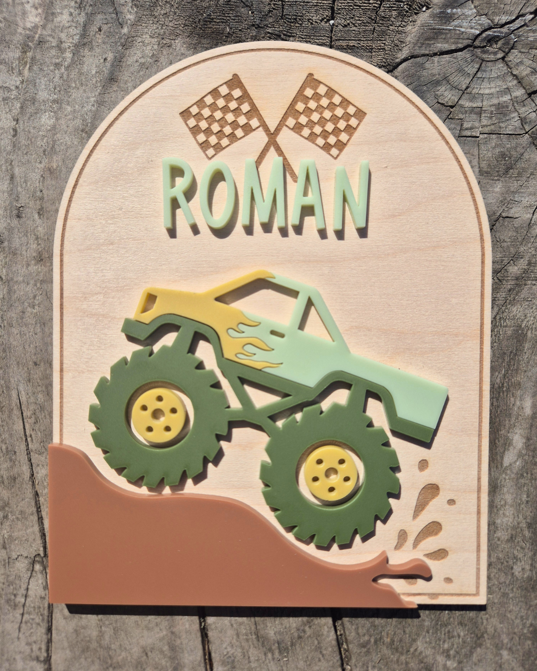 Monster Truck Birth Announcement - Wooden and Acrylic Personalised Name Sign