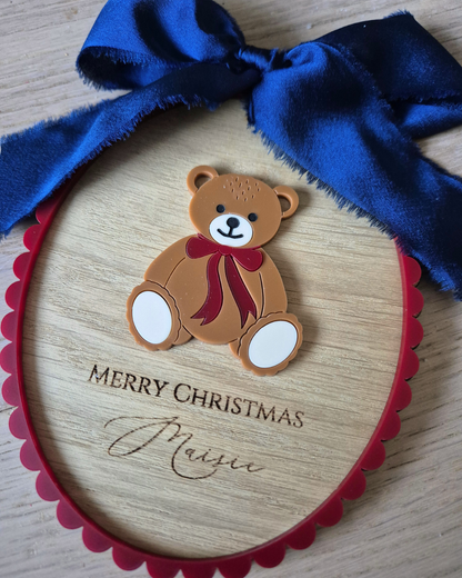 Personalised Baby’s First Christmas Vintage Teddy Bear Plaque - Acrylic and Oak Christmas Ornament