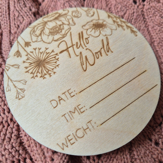 Hello World Floral Baby Birth Stats Announcement Disc with Writable Space