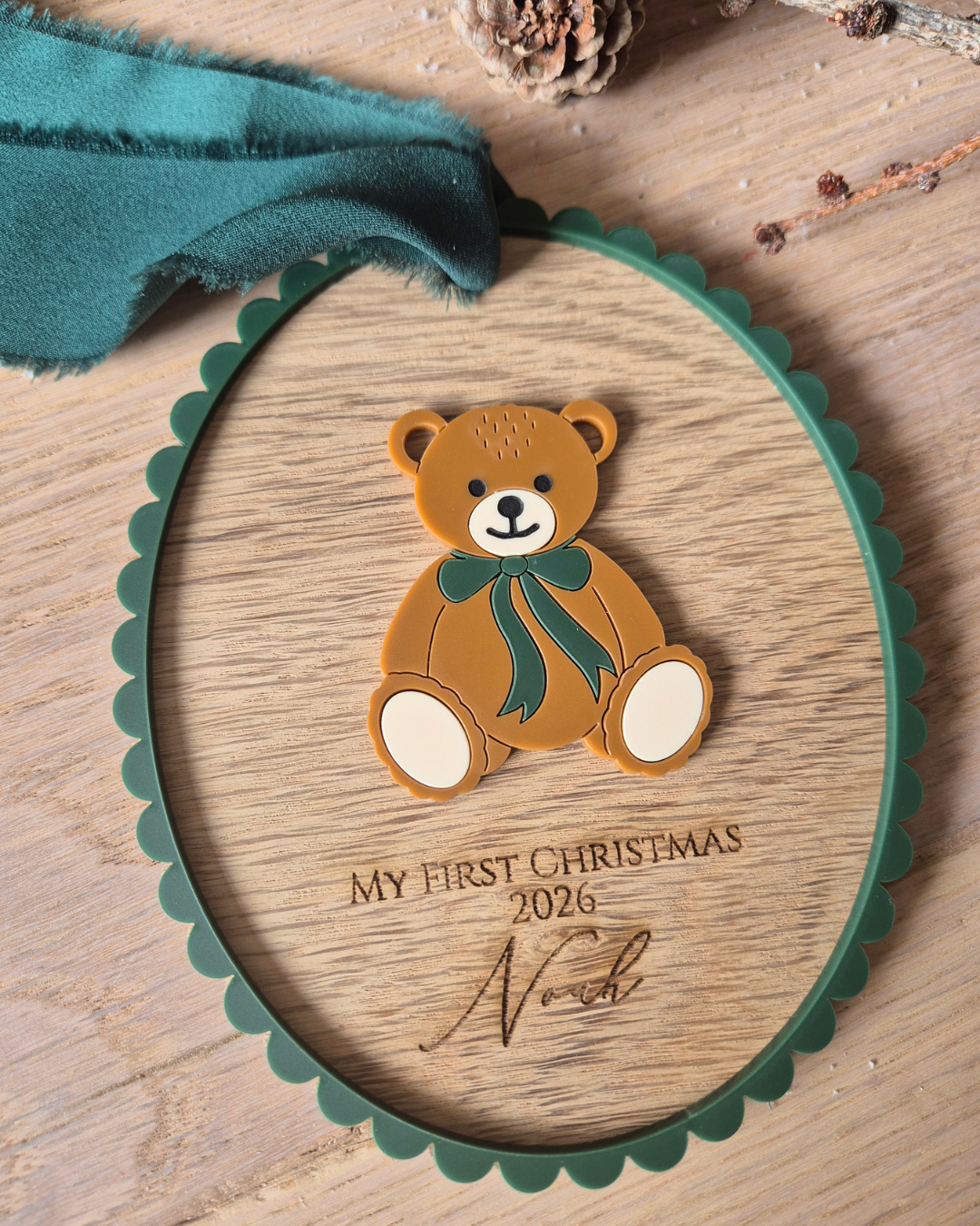 Personalised Baby’s First Christmas Vintage Teddy Bear Plaque - Acrylic and Oak Christmas Ornament