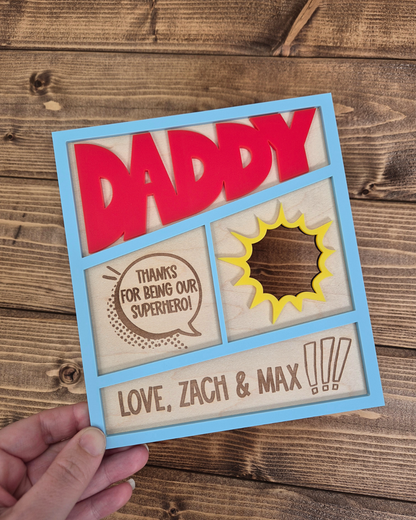 Superhero Comic Theme Photo Frame Card - Wooden and Acrylic Personalised Father's Day Gift