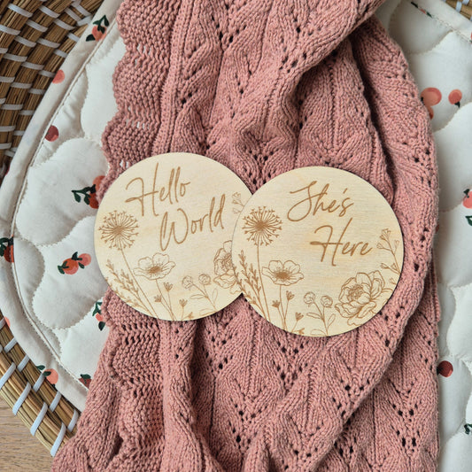 Hello World or She's Here Floral Birth Announcement Disc