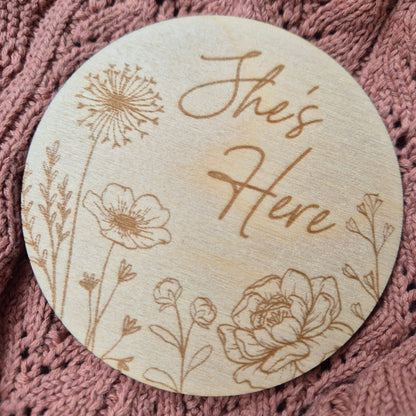 Hello World or She's Here Floral Birth Announcement Disc