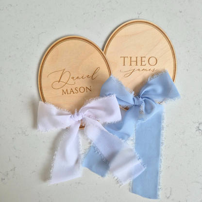 Vintage Oval Birth Announcement Name Sign - Personalised Wooden Plaque with Bow