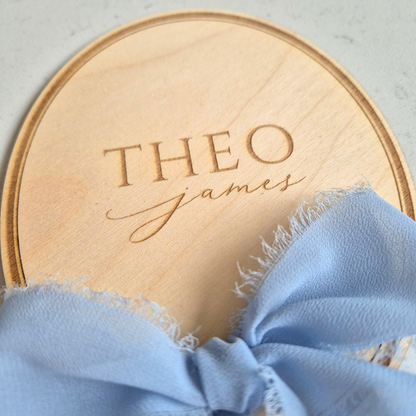 Vintage Oval Birth Announcement Name Sign - Personalised Wooden Plaque with Bow