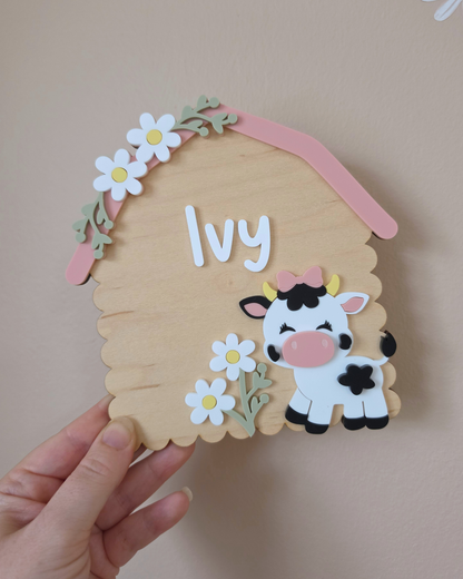 Personalised Cow Barn Name Sign - Farm-themed Nursery and Playroom Shelf Sitter and Door Sign