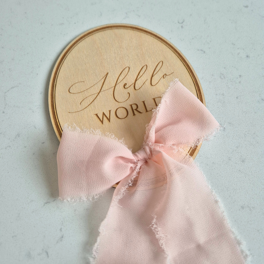 Vintage Oval Baby Birth Announcement - 'Hello World' Plaque with Bow
