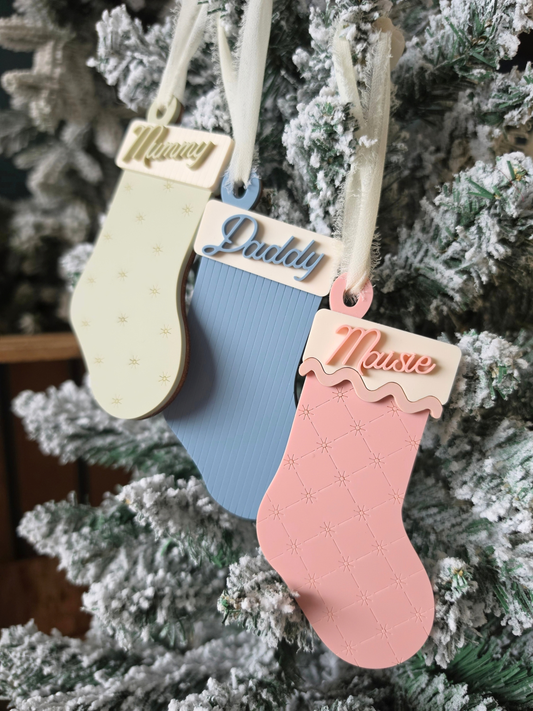 Personalised Knitted Stocking Tree Decoration - Wooden and Acrylic Layered Name Tag