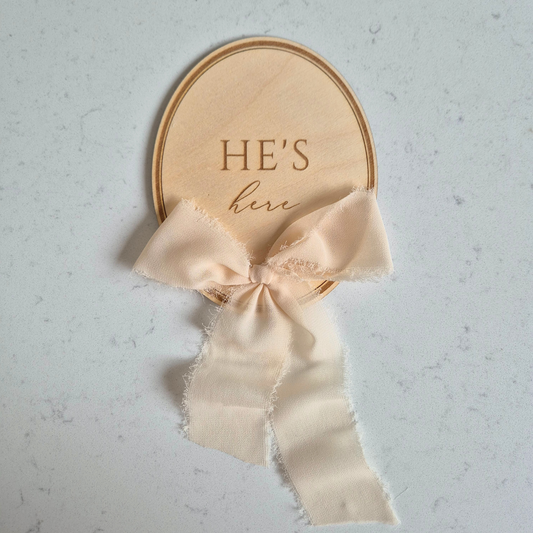 Vintage Oval Baby Birth Announcement - 'He's Here/She's Here Plaque with Bow