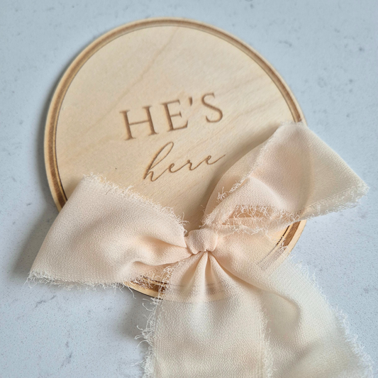 Vintage Oval Baby Birth Announcement - 'He's Here/She's Here Plaque with Bow