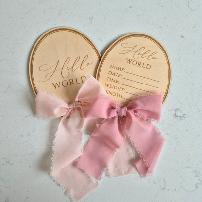Vintage Oval Baby Birth Announcement - 'Hello World' Plaque with Bow