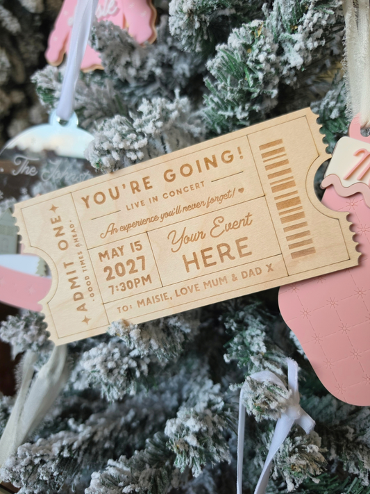 Engraved Wooden Concert Ticket - Personalised Gift Announcement