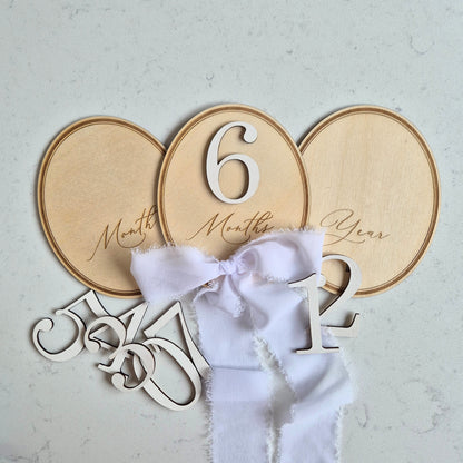 Vintage Oval Baby Milestone Discs - Set of 3 Interchangeable Wooden Monthly Photo Props