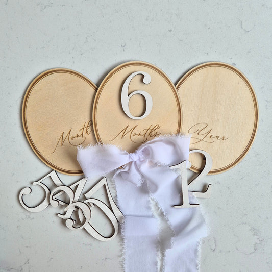 Vintage Oval Baby Milestone Discs - Set of 3 Interchangeable Wooden Monthly Photo Props