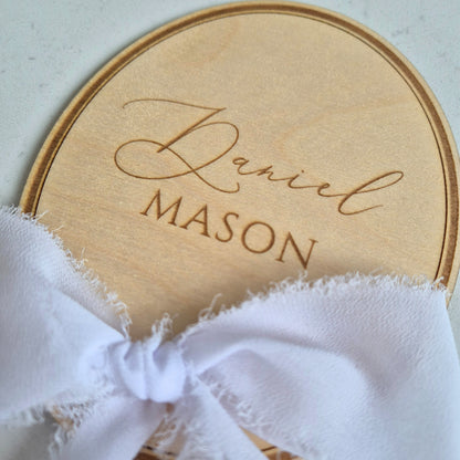 Vintage Oval Birth Announcement Name Sign - Personalised Wooden Plaque with Bow