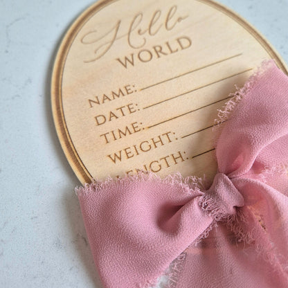 Vintage Oval Baby Birth Stats Announcement Sign - 'Hello World' Plaque with Writable Space