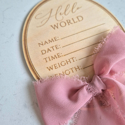 Vintage Oval Baby Birth Stats Announcement Sign - 'Hello World' Plaque with Writable Space