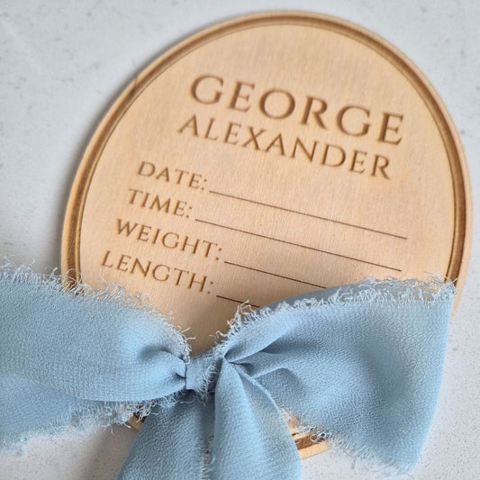 Vintage Oval Baby Birth Stats and Name Announcement Sign - Personalised Plaque with Writable Space
