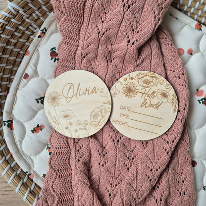 Hello World Floral Baby Birth Stats Announcement Disc with Writable Space