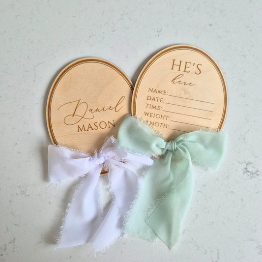 Vintage Oval Baby Birth Stats Announcement Sign - 'He's Here/She's Here' Plaque with Writable Space