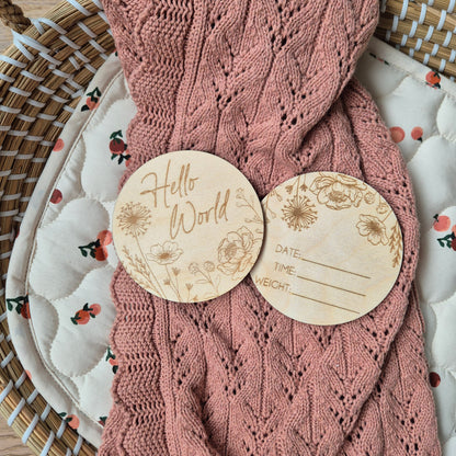 Hello World or She's Here Floral Birth Announcement Disc