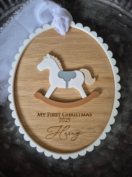 Personalised Merry Christmas Vintage Rocking Horse Ornament - Scalloped Edge Oak and Acrylic Baby Milestone Plaque or Stocking Tag