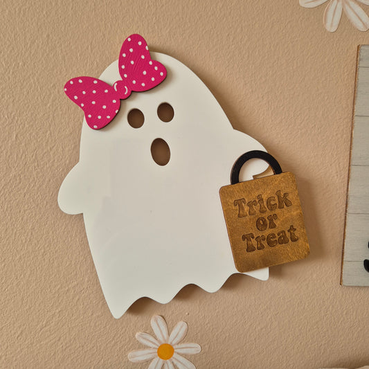 Trick or Treat Ghost Wall Decoration | Wooden and Acrylic Layered Sign