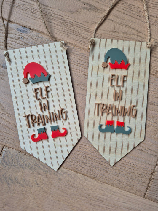 Elf in Training Acrylic and Wooden Hanging Sign