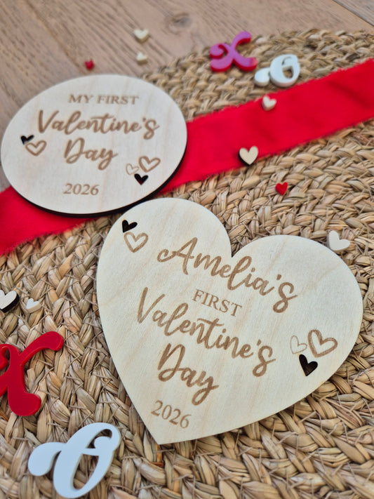 Baby's First Valentine's Engraved Wooden Heart or Disc - Personalised Milestone Photo Prop Keepsake