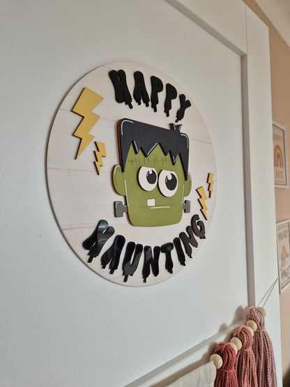 Frankenstein Happy Haunting Round Door Sign | Hand-painted Wall Sign