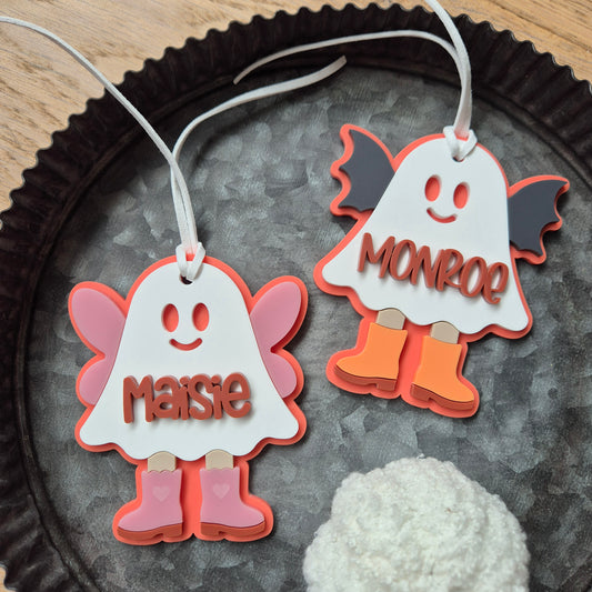 Personalised Bat and Fairy Ghost Name Tags | Boo Basket Acrylic Halloween Decoration