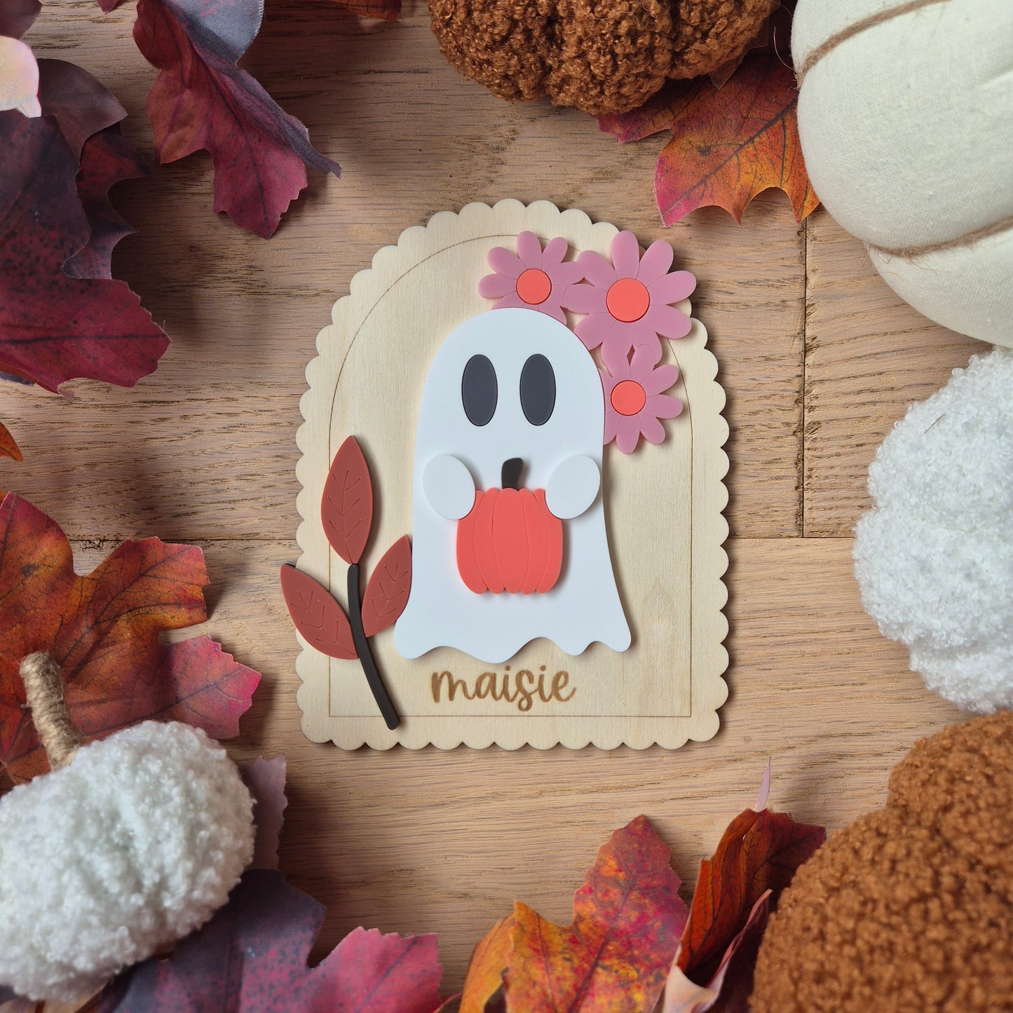 Floral Ghost Wooden Shelf Sitter | Personalised Acrylic Boo Basket Plaque