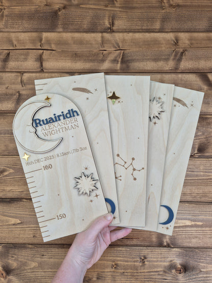 Personalised Celestial Wooden Height Chart - Sun, Moon and Stars Themed Engraved Growth Ruler