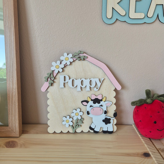 Personalised Cow Barn Name Sign - Farm-themed Nursery and Playroom Shelf Sitter