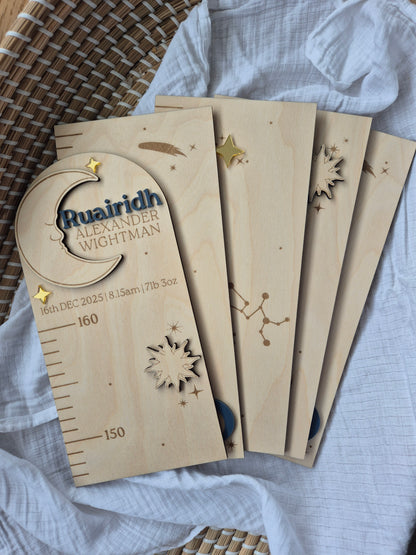 Personalised Celestial Wooden Height Chart - Sun, Moon and Stars Themed Engraved Growth Ruler