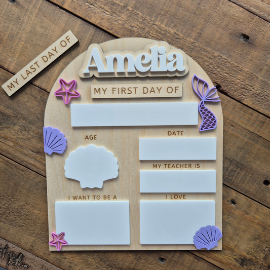 Personalised Mermaid Shells Back to School Board - Reusable Wooden and Acrylic Sign