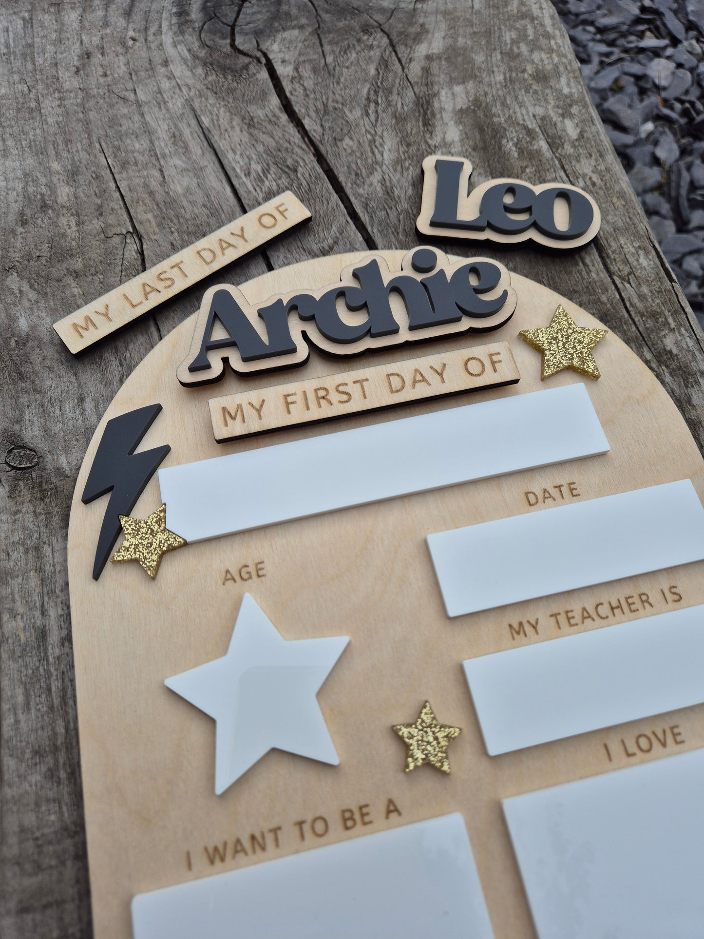 Personalised Lightening Bolt Back to School Board - Reusable Wooden and Acrylic Sign