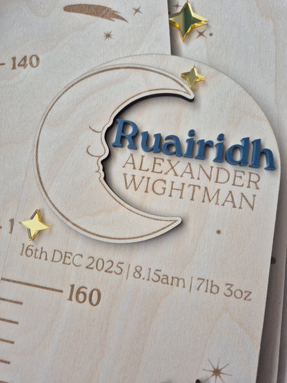Personalised Celestial Wooden Height Chart - Sun, Moon and Stars Themed Engraved Growth Ruler