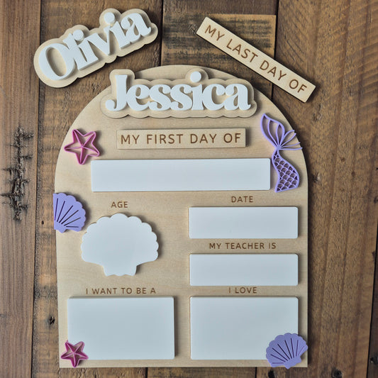Personalised Mermaid Shells Back to School Board - Reusable Wooden and Acrylic Sign